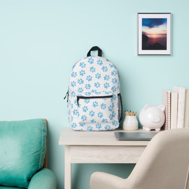 Pattern Of Paws, Dog Paws, Baby Blue Paws Printed Backpack (Insitu)