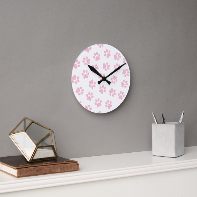 Pattern Of Paws, Dog Paws, Baby Pink Paws Round Clock (Office)