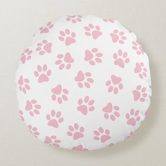 Pattern Of Paws, Dog Paws, Baby Pink Paws Round Pillow (Front)