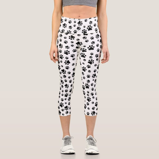 Pattern Of Paws, Dog Paws, Black and White Capri Leggings (Front)