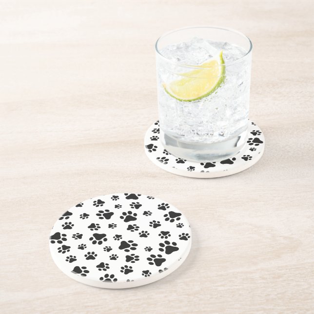 Pattern Of Paws, Dog Paws, Black and White Coaster (Side)