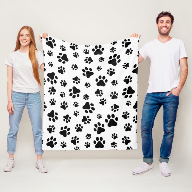 Pattern Of Paws, Dog Paws, Black and White Fleece Blanket (In Situ)