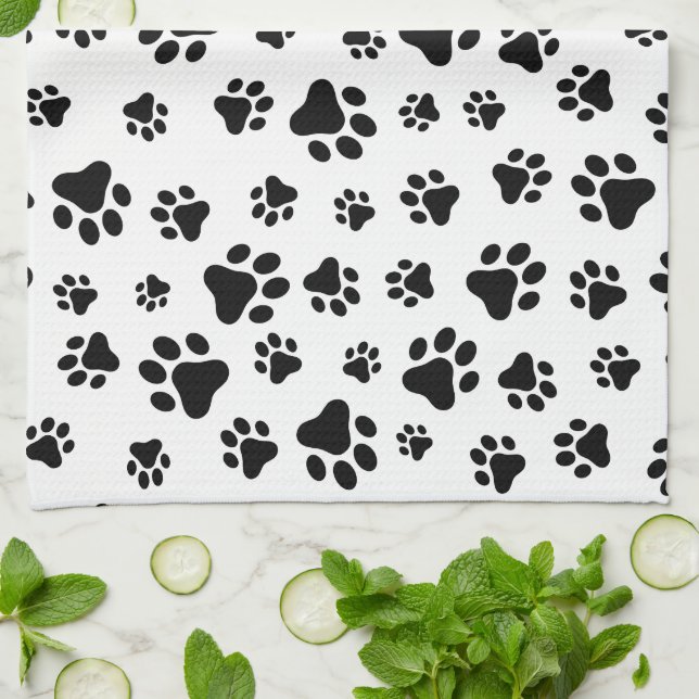 Pattern Of Paws, Dog Paws, Black and White Kitchen Towel (Folded)