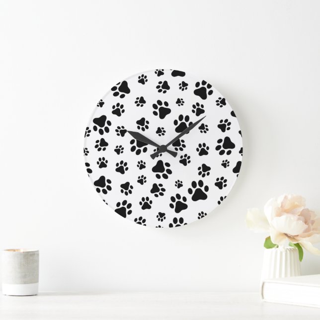 Pattern Of Paws, Dog Paws, Black and White Large Clock (Home)