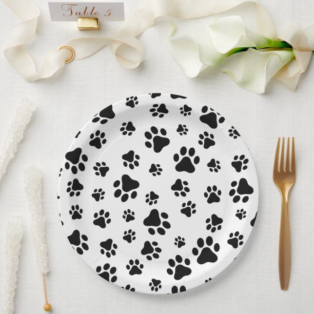 Pattern Of Paws, Dog Paws, Black and White Paper Plate (Wedding)