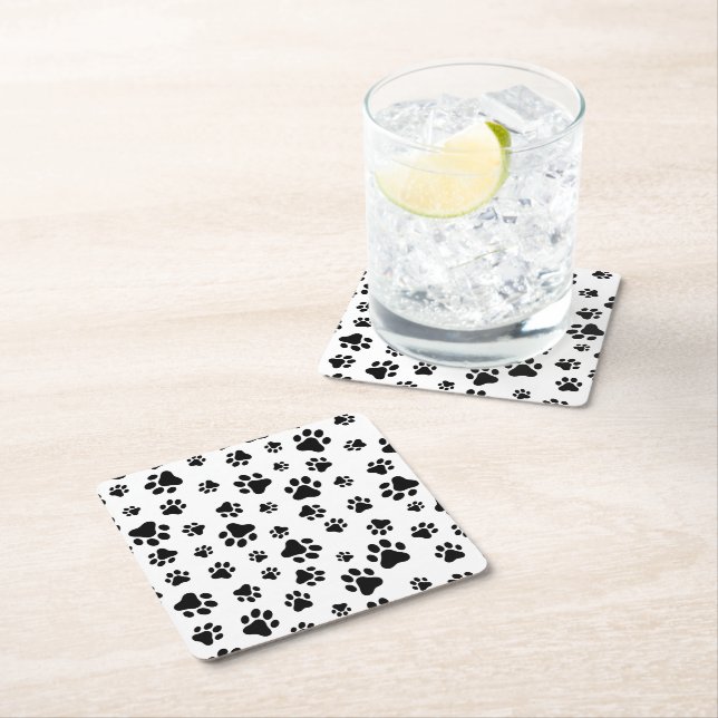 Pattern Of Paws, Dog Paws, Black and White Square Paper Coaster (Insitu)