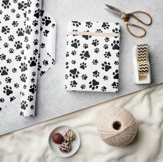 Pattern Of Paws, Dog Paws, Black and White Wrapping Paper (Crafts)