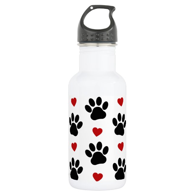 Pattern Of Paws, Dog Paws, Black Paws, Red Hearts 532 Ml Water Bottle (Front)