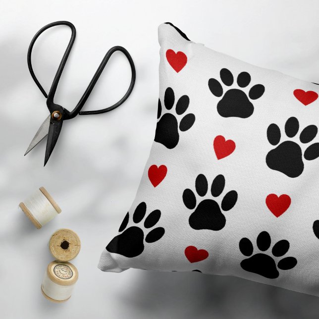 Pattern Of Paws, Dog Paws, Black Paws, Red Hearts Accent Pillow (Creator Uploaded)