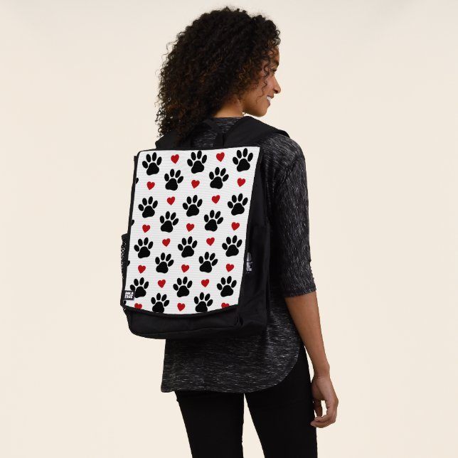 Pattern Of Paws, Dog Paws, Black Paws, Red Hearts Backpack (Worn)