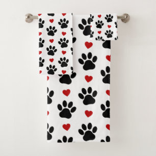 Pattern Of Paws, Dog Paws, Black Paws, Red Hearts Bath Towel Set