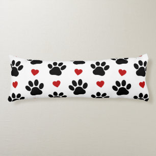 Pattern Of Paws, Dog Paws, Black Paws, Red Hearts Body Pillow