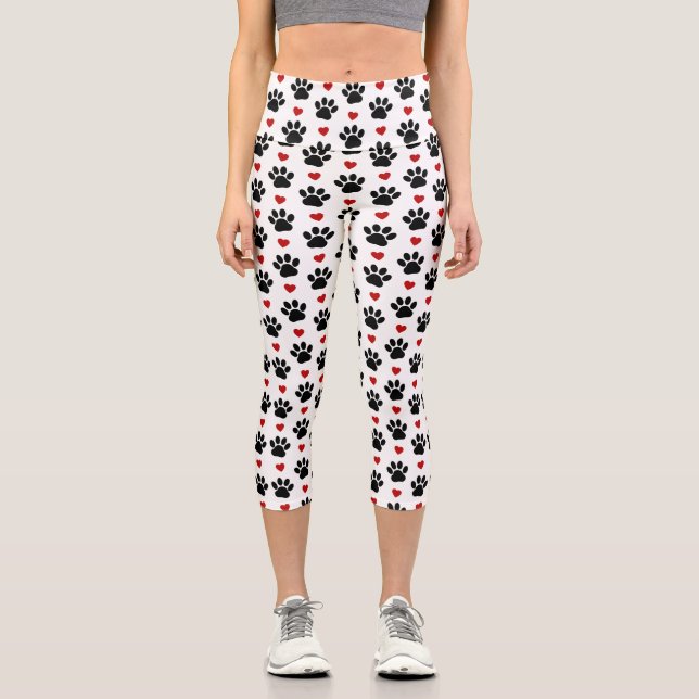 Pattern Of Paws, Dog Paws, Black Paws, Red Hearts Capri Leggings (Front)
