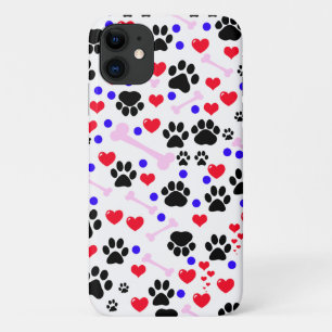Pattern Of Paws, Dog Paws, Black Paws, Red Hearts iPhone 11 Case