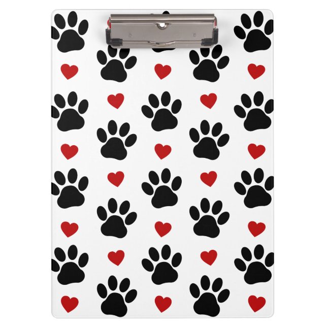 Pattern Of Paws, Dog Paws, Black Paws, Red Hearts Clipboard (Front)
