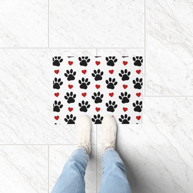 Pattern Of Paws, Dog Paws, Black Paws, Red Hearts Doormat (Indoor)
