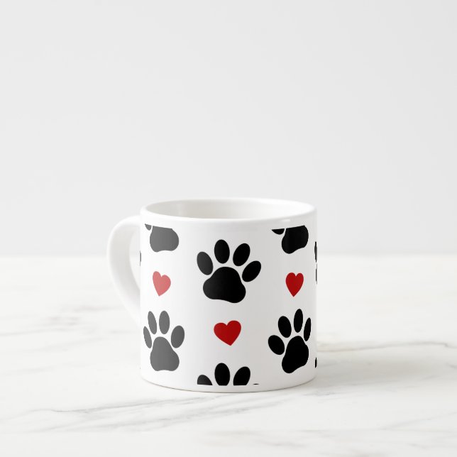 Pattern Of Paws, Dog Paws, Black Paws, Red Hearts Espresso Cup (Front Left)