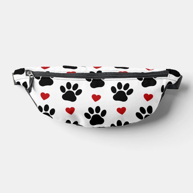 Pattern Of Paws, Dog Paws, Black Paws, Red Hearts Fanny Pack (Lay Down)