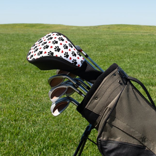 Pattern Of Paws, Dog Paws, Black Paws, Red Hearts Golf Head Cover (In Situ)