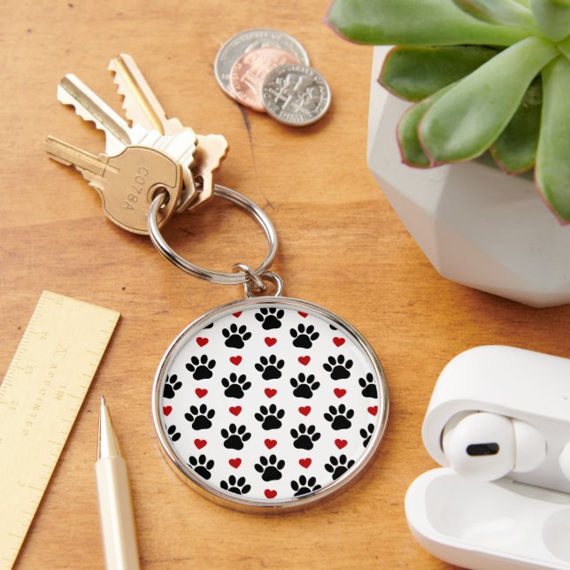 Pattern Of Paws, Dog Paws, Black Paws, Red Hearts Keychain (Desk)