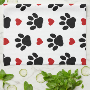 Pattern Of Paws, Dog Paws, Black Paws, Red Hearts Kitchen Towel