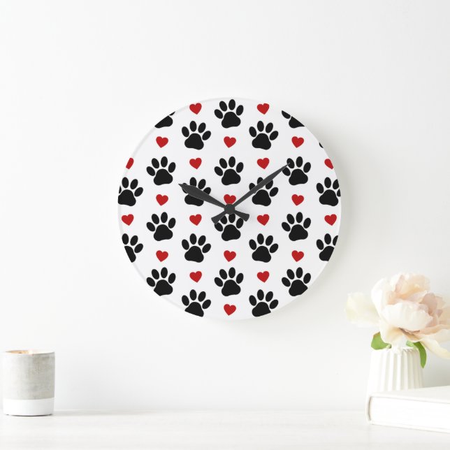 Pattern Of Paws, Dog Paws, Black Paws, Red Hearts Large Clock (Home)
