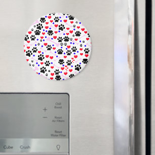 Pattern Of Paws, Dog Paws, Black Paws, Red Hearts Magnet