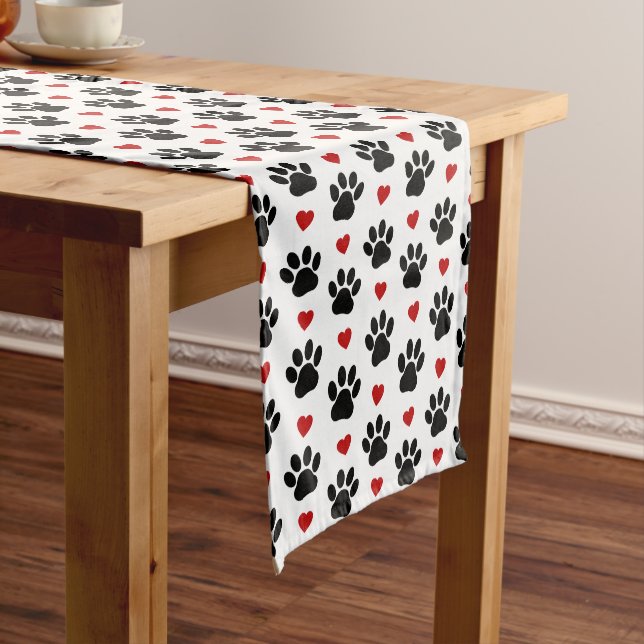 Pattern Of Paws, Dog Paws, Black Paws, Red Hearts Medium Table Runner (In Situ)