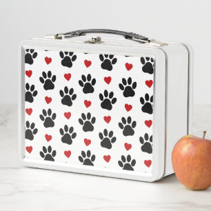 Pattern Of Paws, Dog Paws, Black Paws, Red Hearts Metal Lunch Box