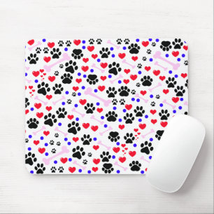 Pattern Of Paws, Dog Paws, Black Paws, Red Hearts Mouse Pad