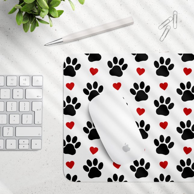 Pattern Of Paws, Dog Paws, Black Paws, Red Hearts Mouse Pad (Creator Uploaded)