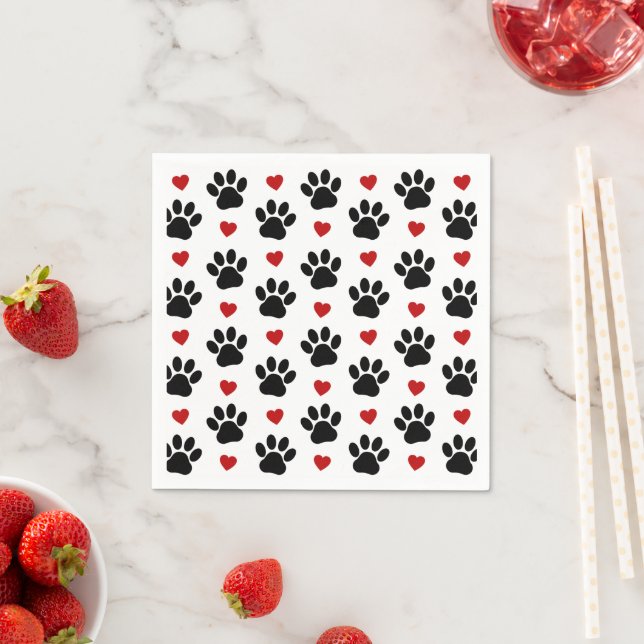 Pattern Of Paws, Dog Paws, Black Paws, Red Hearts Napkin (Insitu)