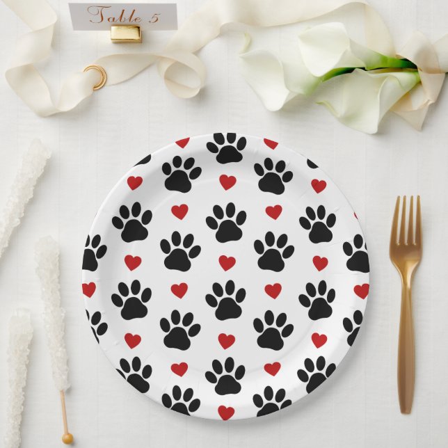 Pattern Of Paws, Dog Paws, Black Paws, Red Hearts Paper Plate (Wedding)