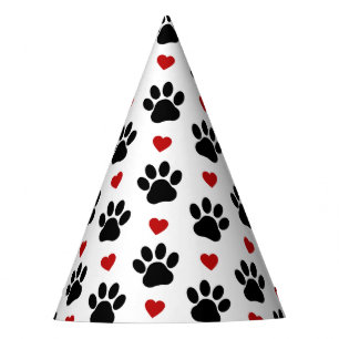 Pattern Of Paws, Dog Paws, Black Paws, Red Hearts Party Hat