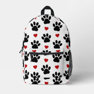 Pattern Of Paws, Dog Paws, Black Paws, Red Hearts Printed Backpack