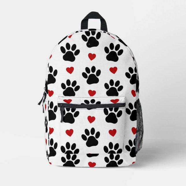 Pattern Of Paws, Dog Paws, Black Paws, Red Hearts Printed Backpack (Front)