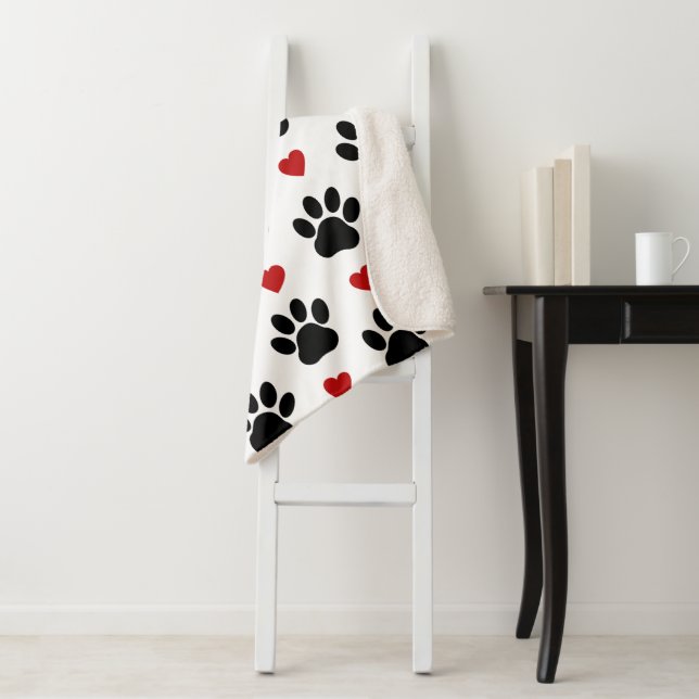 Pattern Of Paws, Dog Paws, Black Paws, Red Hearts Sherpa Blanket (In Situ)