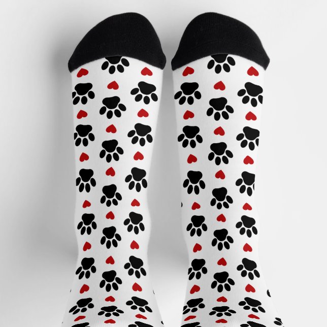 Pattern Of Paws, Dog Paws, Black Paws, Red Hearts Socks (Top)
