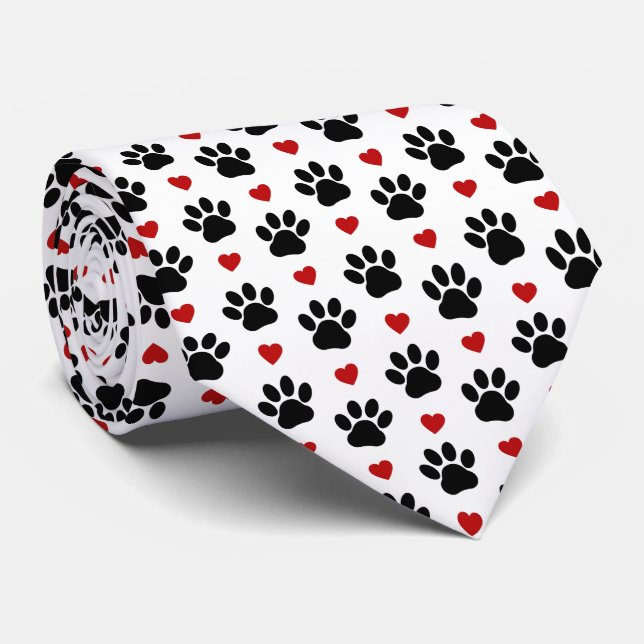 Pattern Of Paws, Dog Paws, Black Paws, Red Hearts Tie (Rolled)