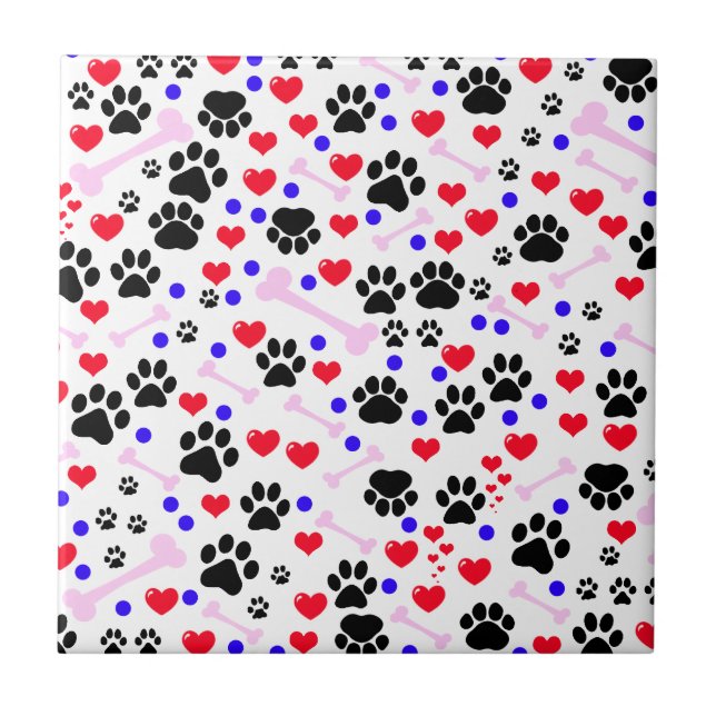 Pattern Of Paws, Dog Paws, Black Paws, Red Hearts Tile (Front)