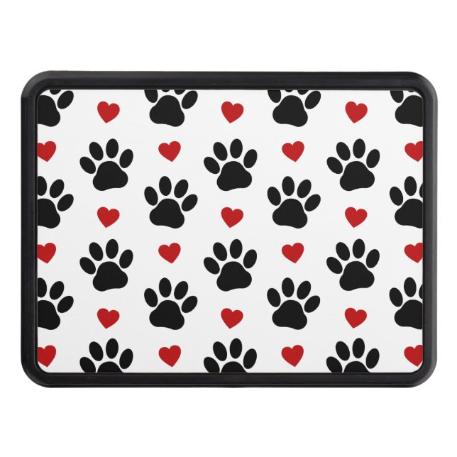 Pattern Of Paws, Dog Paws, Black Paws, Red Hearts Trailer Hitch Cover (Front)