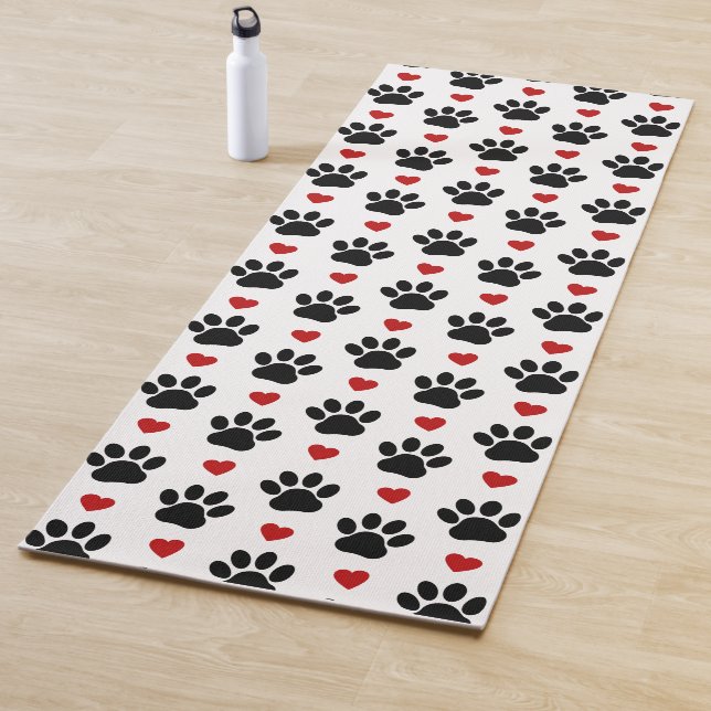 Pattern Of Paws, Dog Paws, Black Paws, Red Hearts Yoga Mat (In Situ)