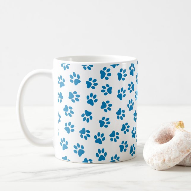 Pattern Of Paws, Dog Paws, Blue Paws Coffee Mug (With Donut)