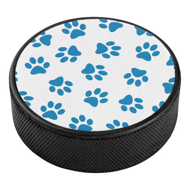 Pattern Of Paws, Dog Paws, Blue Paws Hockey Puck (3/4)