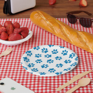 Pattern Of Paws, Dog Paws, Blue Paws Paper Plate