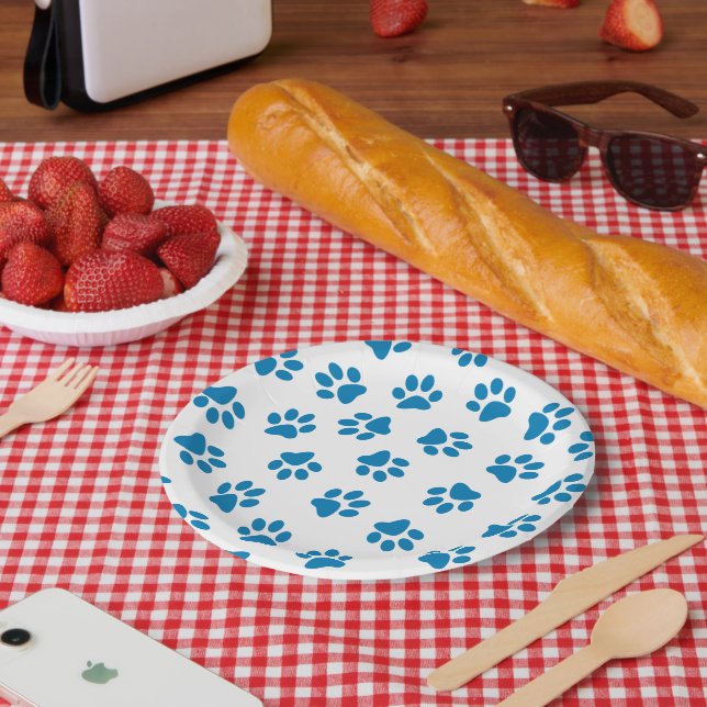 Pattern Of Paws, Dog Paws, Blue Paws Paper Plate (Picnic)
