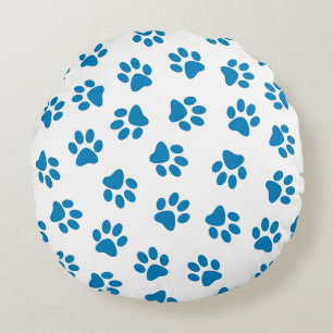 Pattern Of Paws, Dog Paws, Blue Paws Round Pillow