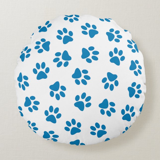 Pattern Of Paws, Dog Paws, Blue Paws Round Pillow (Front)