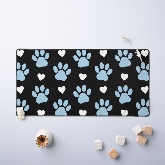 Pattern Of Paws, Dog Paws, Blue Paws, White Hearts Desk Mat (Kids Table)