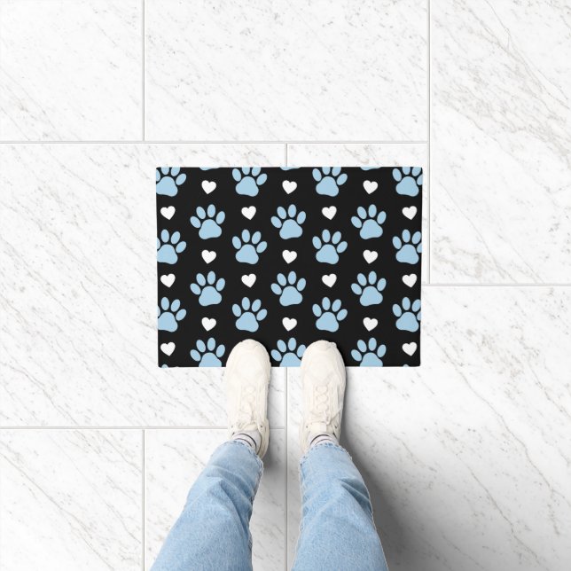 Pattern Of Paws, Dog Paws, Blue Paws, White Hearts Doormat (Indoor)